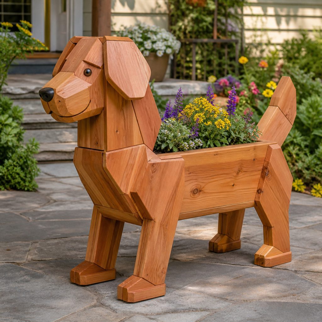 Modern Geometric Dog shown as a square photorealistic cedar garden planter filled with cottage flowers