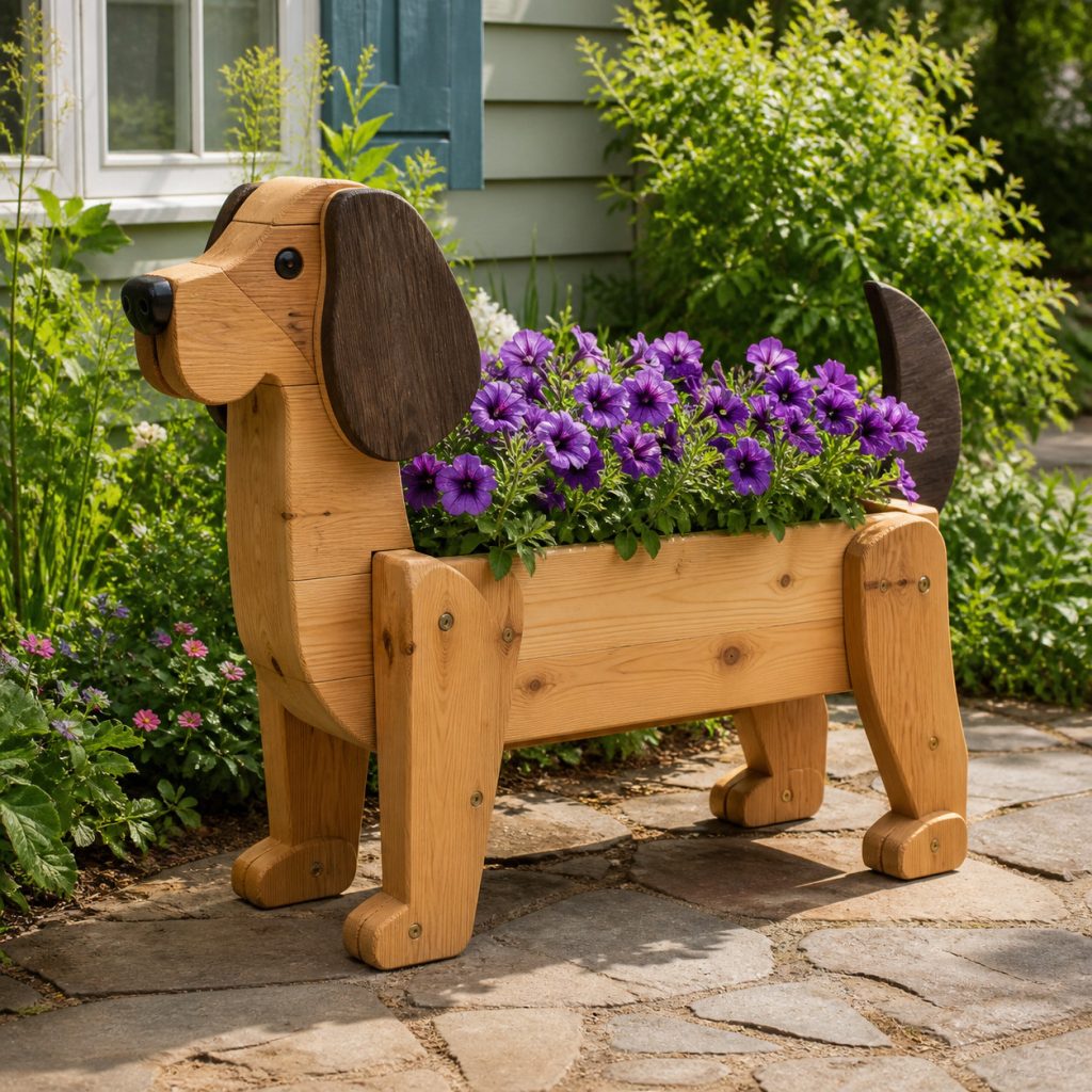 Two-Tone Cedar Dog shown as a square photorealistic cedar garden planter filled with cottage flowers