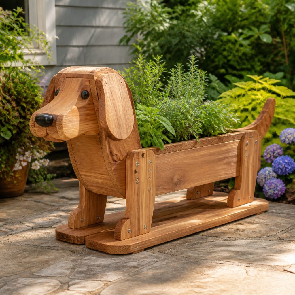 Low Herb-Planter Dog shown as a square photorealistic cedar garden planter filled with cottage flowers
