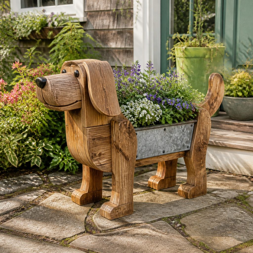 Weathered Cottage Dog shown as a square photorealistic cedar garden planter filled with cottage flowers