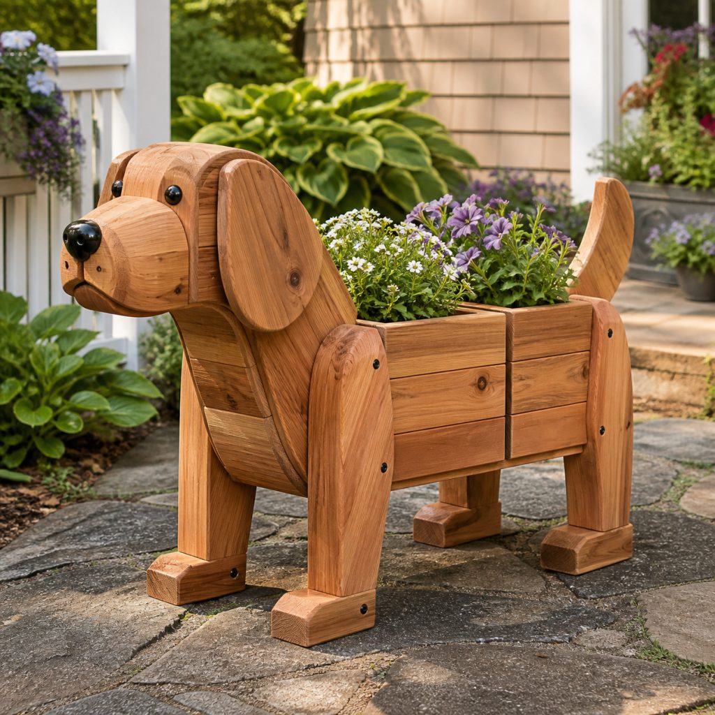 Dog with Twin Flower Pots shown as a square photorealistic cedar garden planter filled with cottage flowers