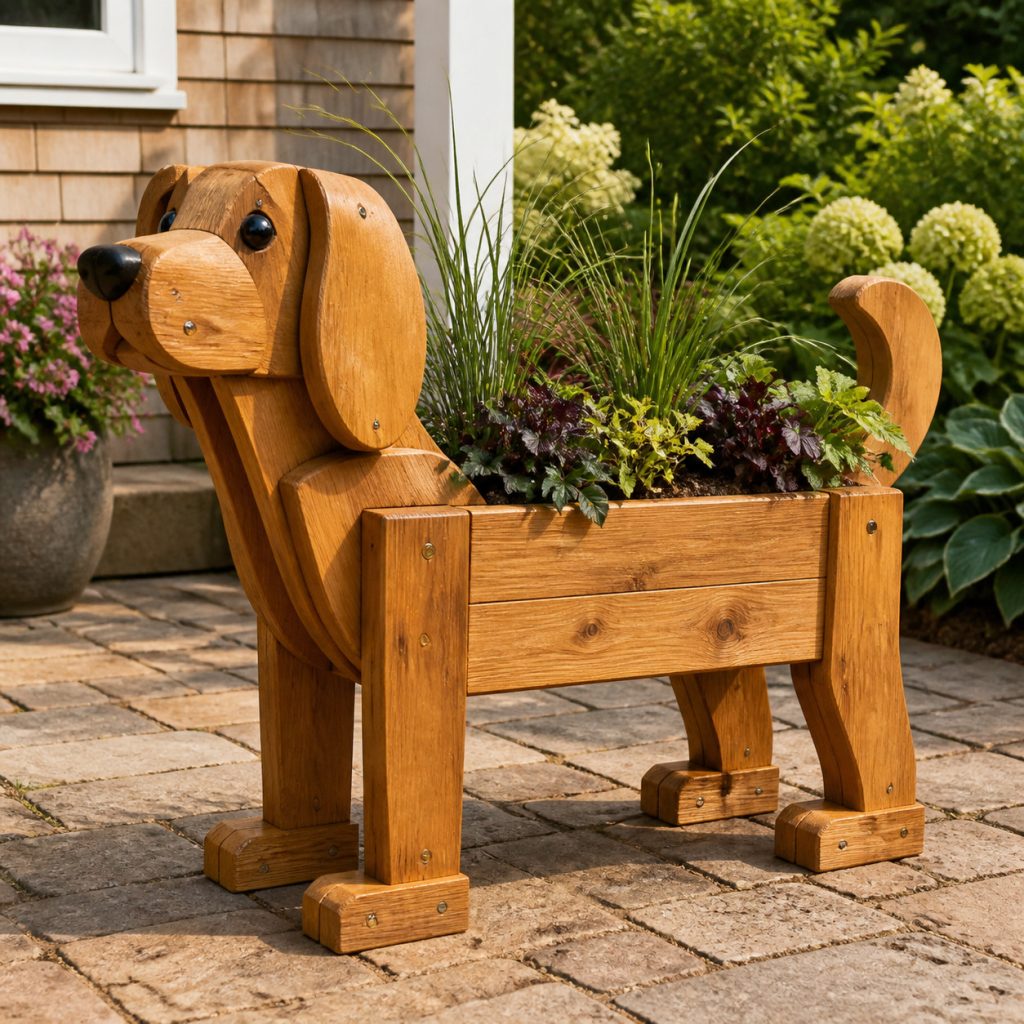 Broad-Base Garden Dog shown as a square photorealistic cedar garden planter filled with cottage flowers