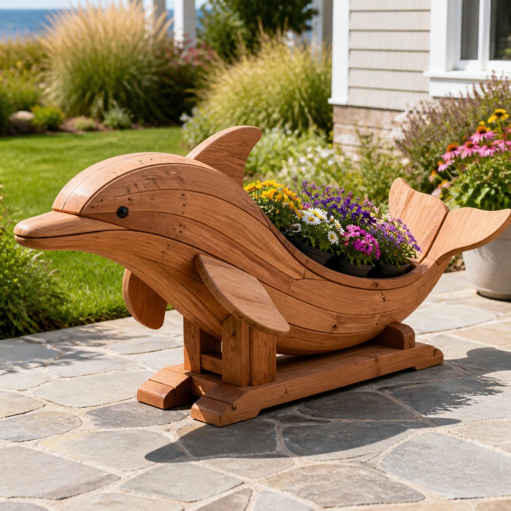 Classic Arched Cedar Dolphin shown as a square photorealistic cedar garden planter filled with cottage flowers