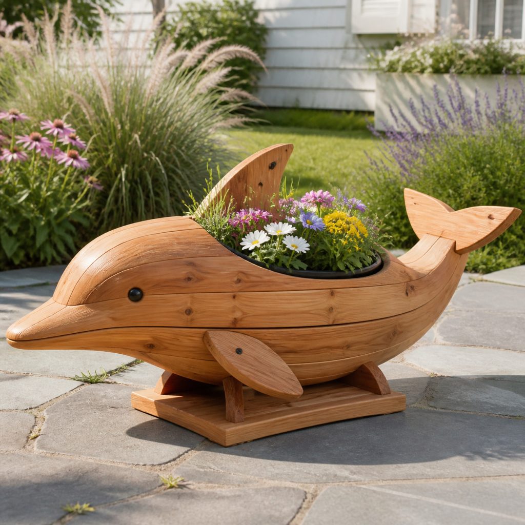 Compact Dolphin Flower Pot shown as a square photorealistic cedar garden planter filled with cottage flowers