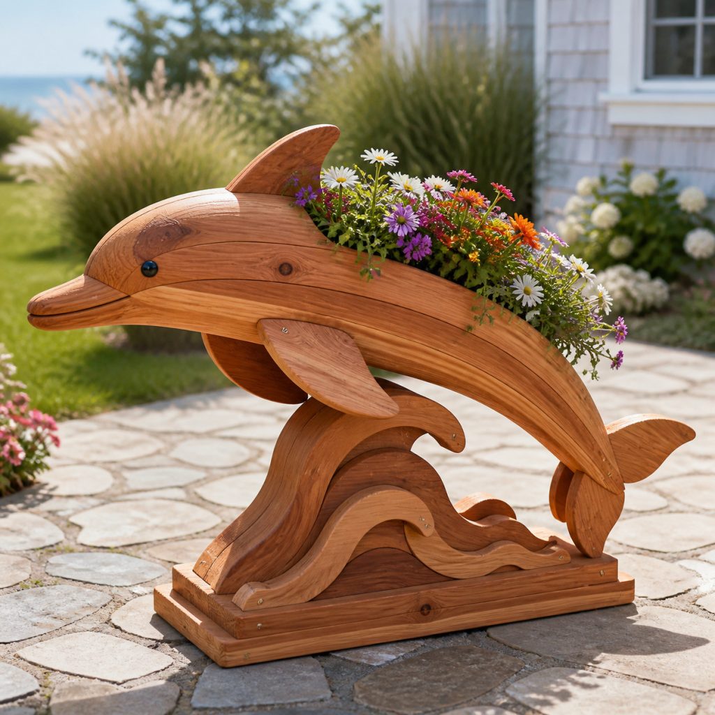 Dolphin on a Wave Base shown as a square photorealistic cedar garden planter filled with cottage flowers