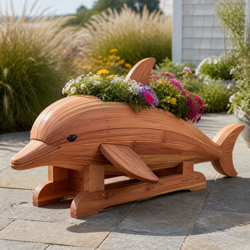 Long Dolphin Garden Trough shown as a square photorealistic cedar garden planter filled with cottage flowers