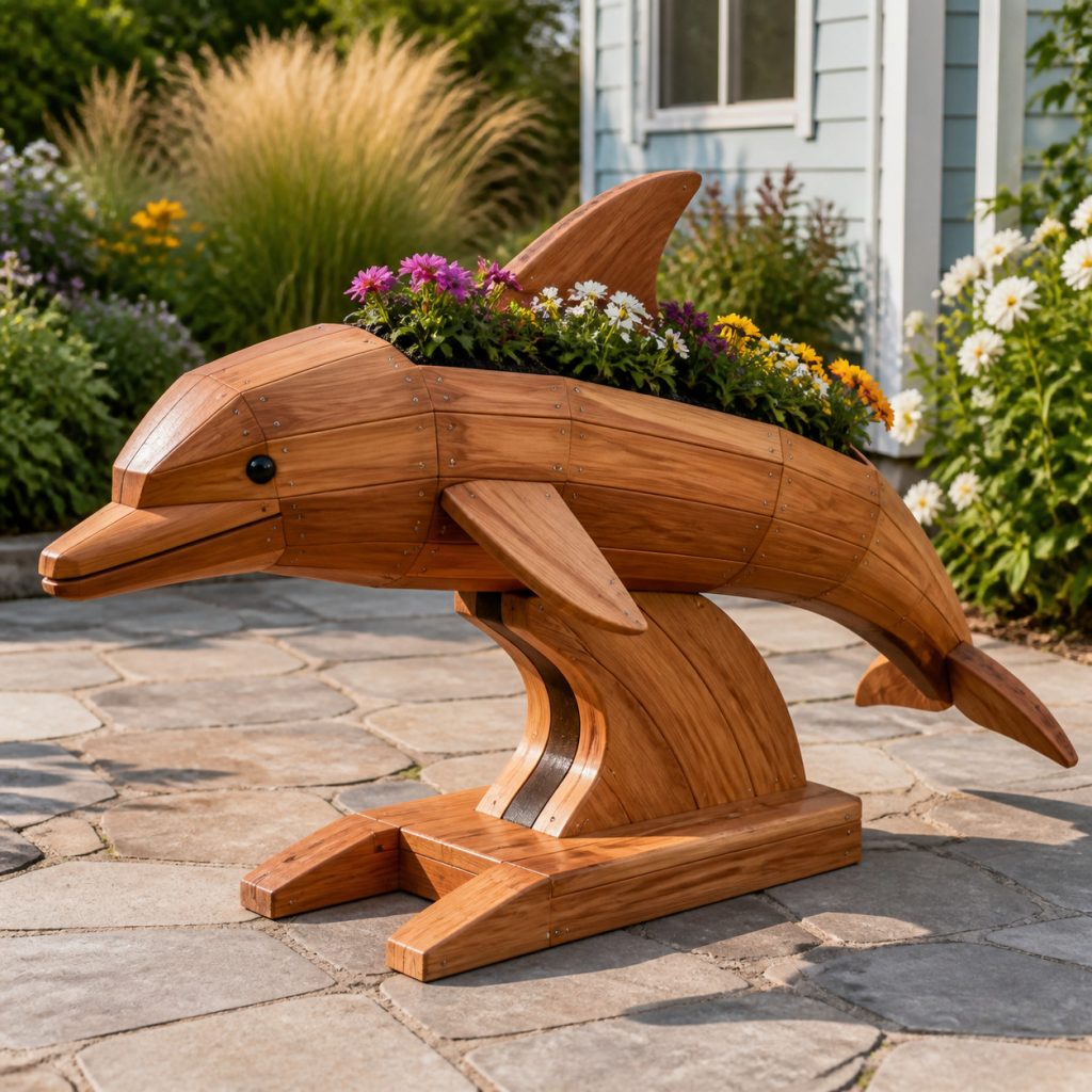 Modern Geometric Dolphin shown as a square photorealistic cedar garden planter filled with cottage flowers