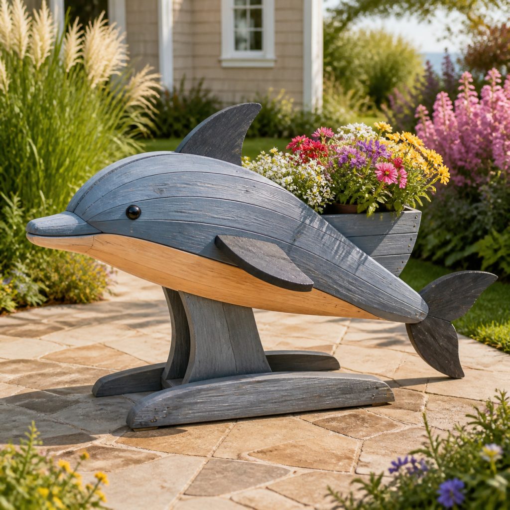 Blue-Gray Two-Tone Dolphin shown as a square photorealistic cedar garden planter filled with cottage flowers