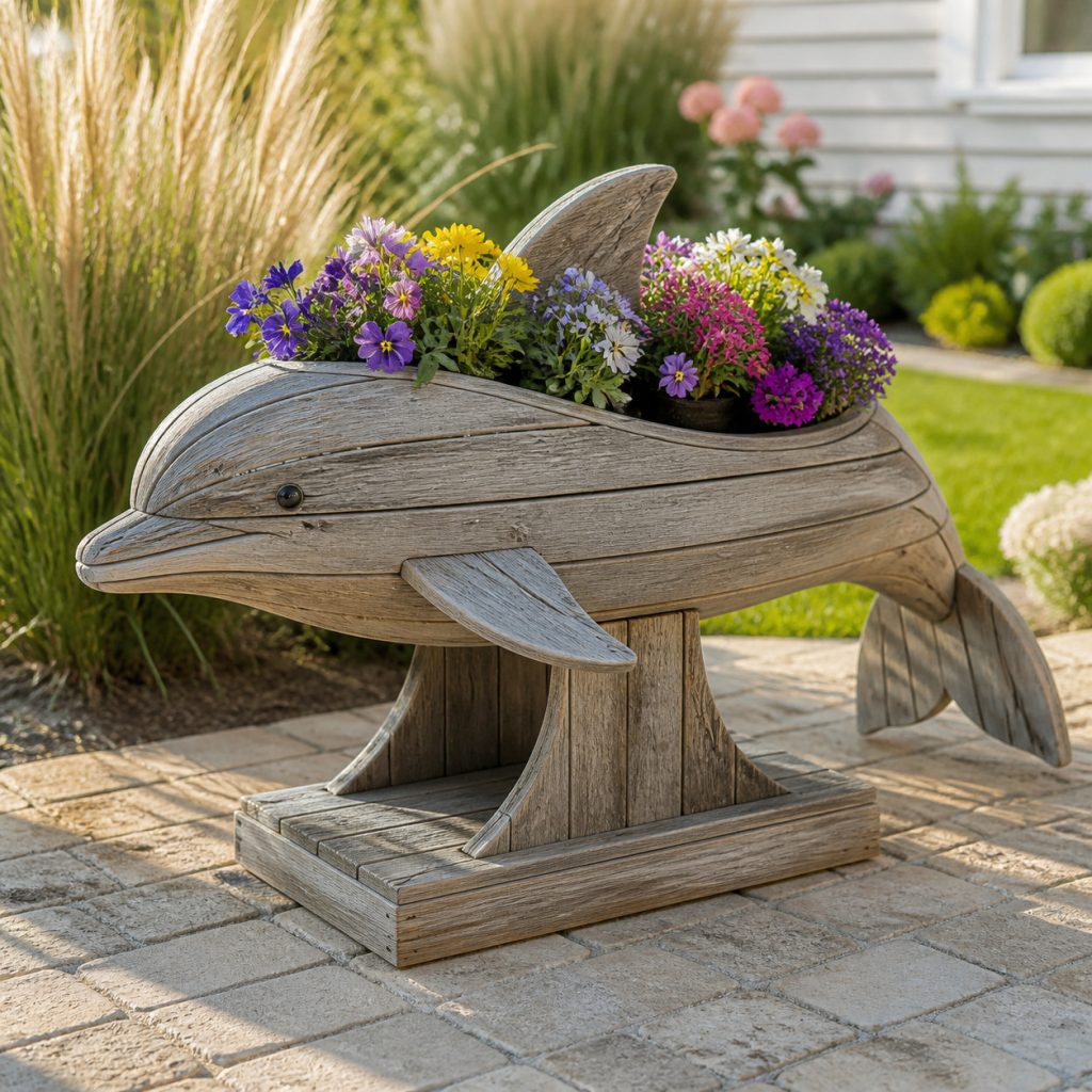Weathered Coastal Dolphin shown as a square photorealistic cedar garden planter filled with cottage flowers