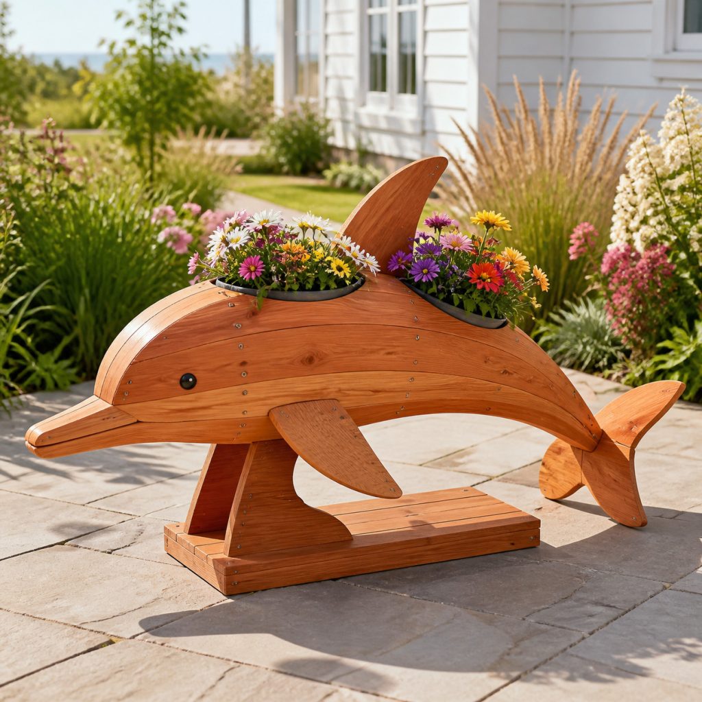 Dolphin with Twin Flower Pots shown as a square photorealistic cedar garden planter filled with cottage flowers