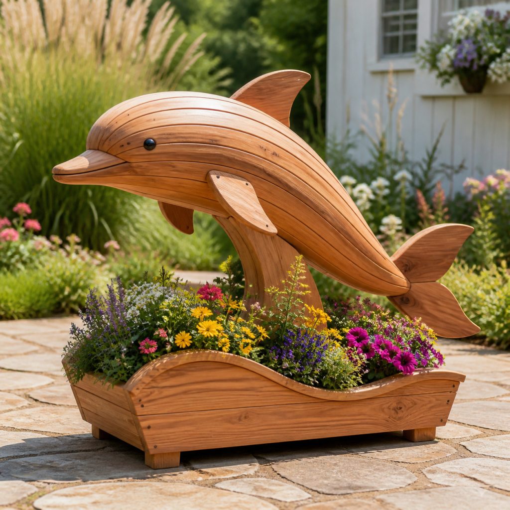 Jumping-Profile Dolphin Planter shown as a square photorealistic cedar garden planter filled with cottage flowers