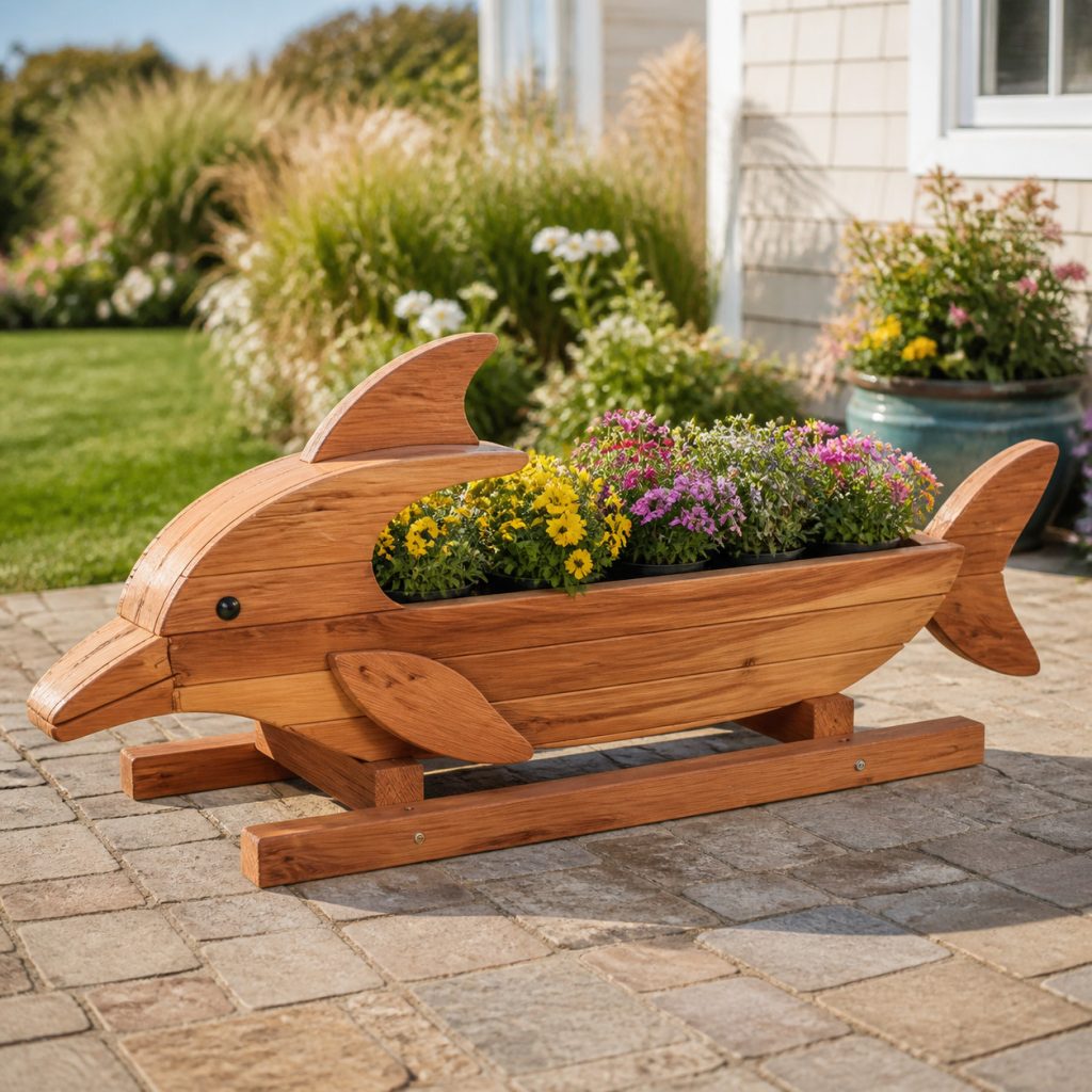 Dolphin on Wide Base Rails shown as a square photorealistic cedar garden planter filled with cottage flowers