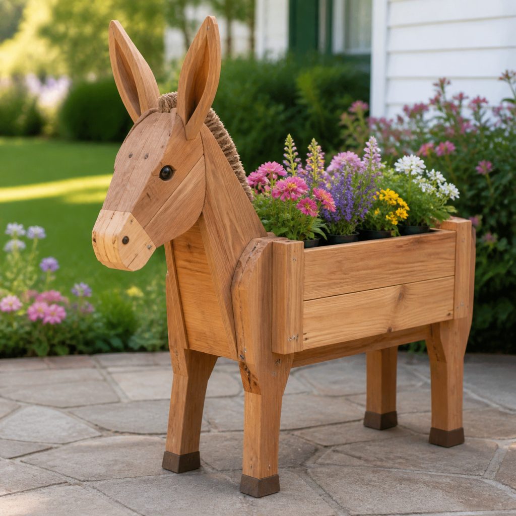Classic Standing Cedar Donkey shown as a square photorealistic cedar garden planter filled with cottage flowers