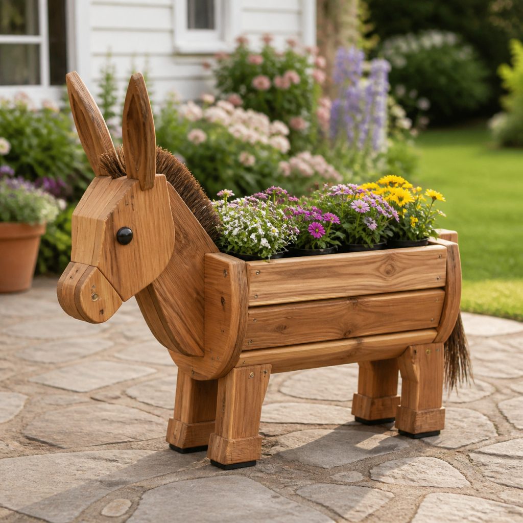 Miniature Donkey Flower Trough shown as a square photorealistic cedar garden planter filled with cottage flowers