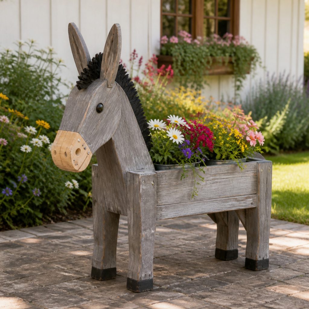 Gray-Washed Farm Donkey shown as a square photorealistic cedar garden planter filled with cottage flowers