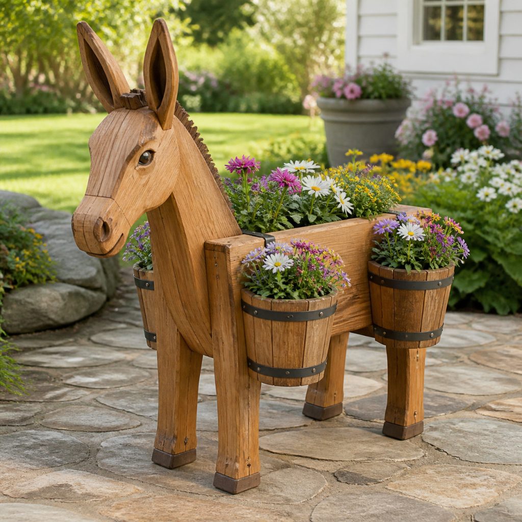 Pack Donkey with Saddle Pots shown as a square photorealistic cedar garden planter filled with cottage flowers