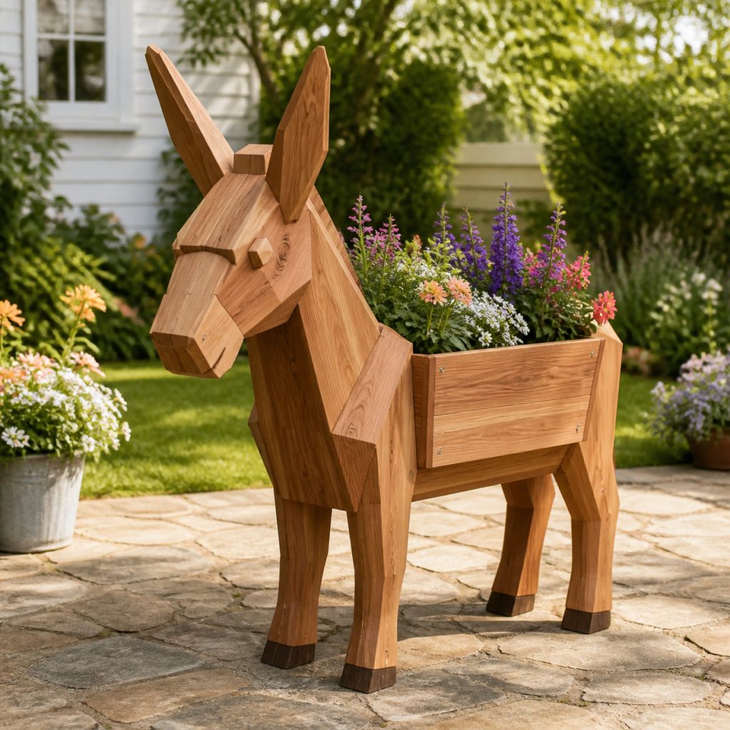 Modern Geometric Donkey shown as a square photorealistic cedar garden planter filled with cottage flowers