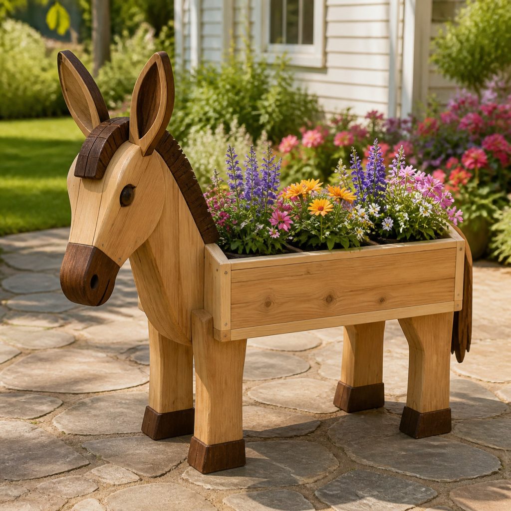 Two-Tone Cedar Donkey shown as a square photorealistic cedar garden planter filled with cottage flowers