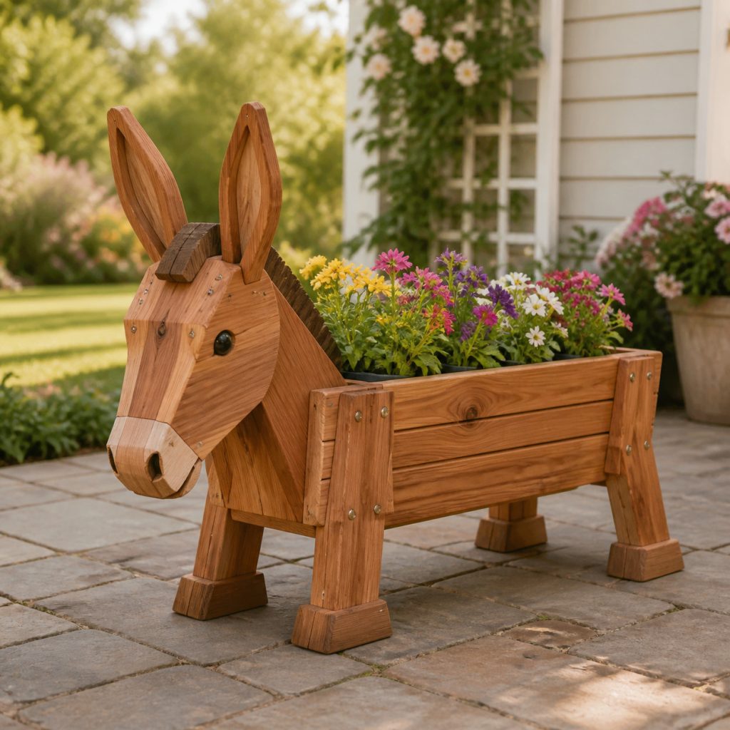 Low Broad-Stance Donkey shown as a square photorealistic cedar garden planter filled with cottage flowers
