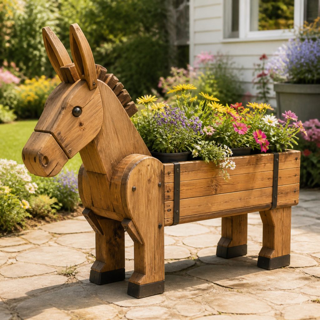 Chunky Timber Work Donkey shown as a square photorealistic cedar garden planter filled with cottage flowers