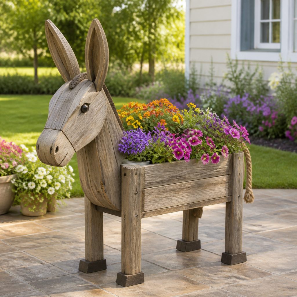 Weathered Cottage Donkey shown as a square photorealistic cedar garden planter filled with cottage flowers