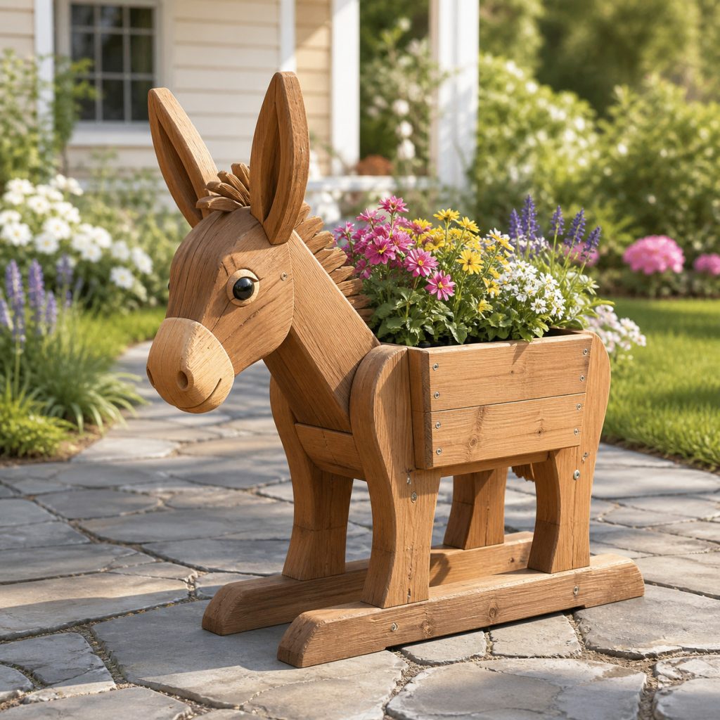 Young Donkey on Base Rails shown as a square photorealistic cedar garden planter filled with cottage flowers