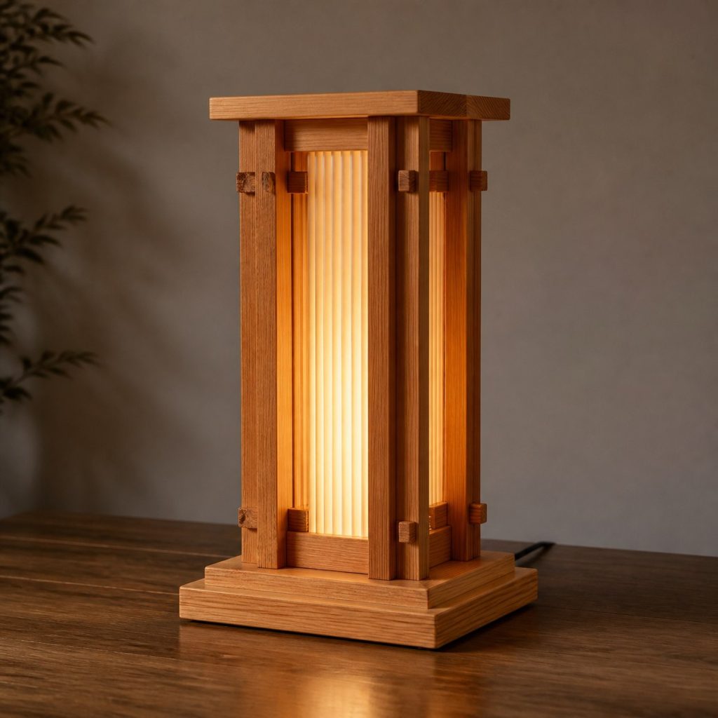 Douglas Fir Frame Diffuser Table Lamp shown as an original square photorealistic Douglas fir lamp with authentic grain, warm diffused light, and a short dark power cord