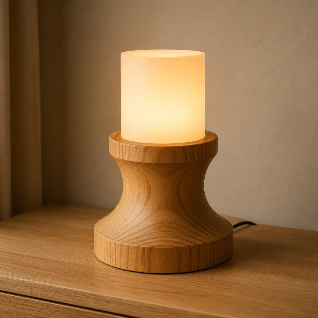 Douglas Fir Turned Bedside Lamp shown as an original square photorealistic Douglas fir lamp with authentic grain, warm diffused light, and a short dark power cord