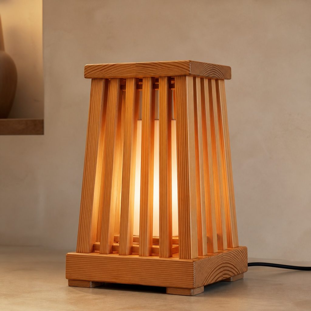 Douglas Fir Slatted Lantern Lamp shown as an original square photorealistic Douglas fir lamp with authentic grain, warm diffused light, and a short dark power cord