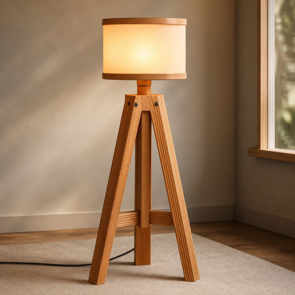 Douglas Fir Tripod Reading Lamp shown as an original square photorealistic Douglas fir lamp with authentic grain, warm diffused light, and a short dark power cord