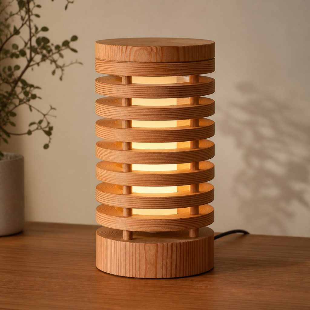 Douglas Fir Stacked Ring Lamp shown as an original square photorealistic Douglas fir lamp with authentic grain, warm diffused light, and a short dark power cord