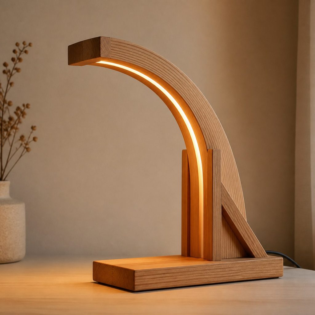 Douglas Fir Laminated Arch Lamp shown as an original square photorealistic Douglas fir lamp with authentic grain, warm diffused light, and a short dark power cord