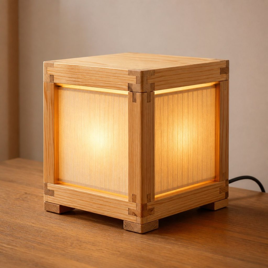 Douglas Fir Box-Jointed Cube Lamp shown as an original square photorealistic Douglas fir lamp with authentic grain, warm diffused light, and a short dark power cord