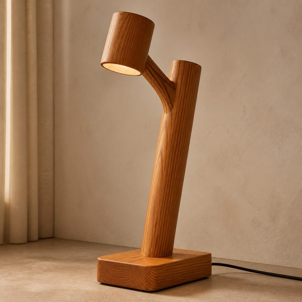 Douglas Fir Branch Reading Lamp shown as an original square photorealistic Douglas fir lamp with authentic grain, warm diffused light, and a short dark power cord
