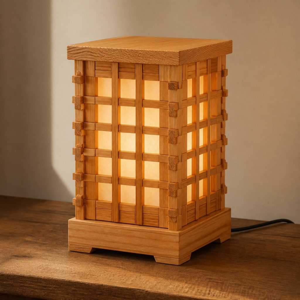 Douglas Fir Lattice Lamp shown as an original square photorealistic Douglas fir lamp with authentic grain, warm diffused light, and a short dark power cord