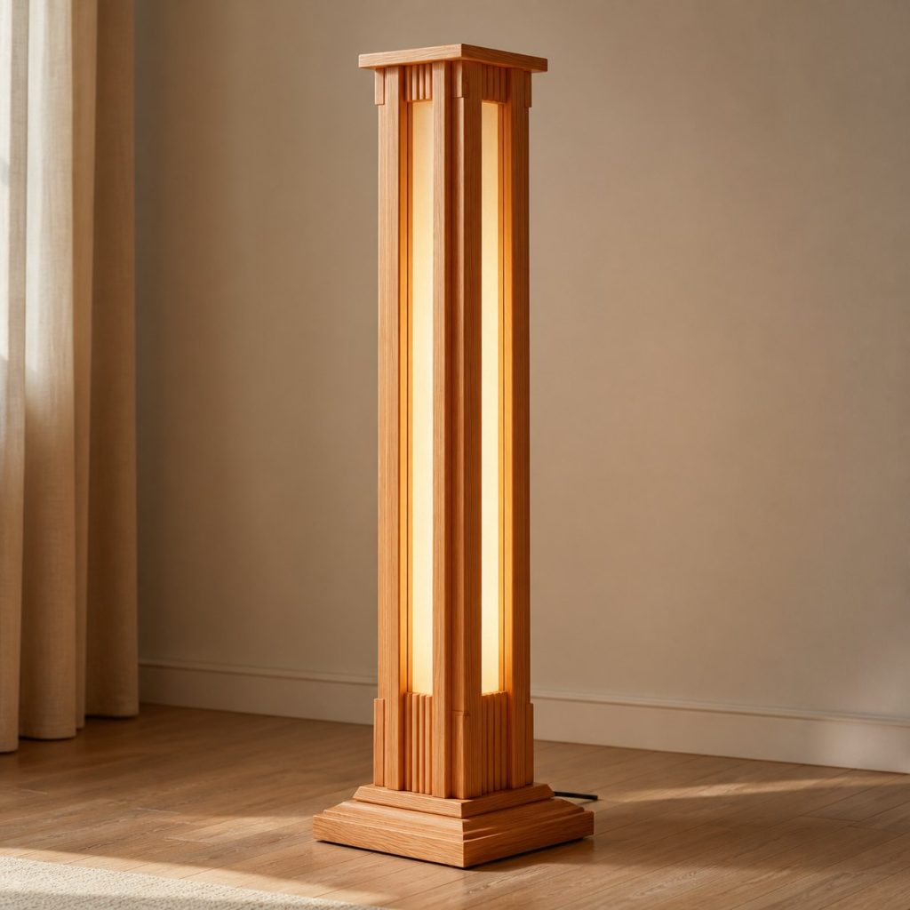 Douglas Fir Column Floor Lamp shown as an original square photorealistic Douglas fir lamp with authentic grain, warm diffused light, and a short dark power cord