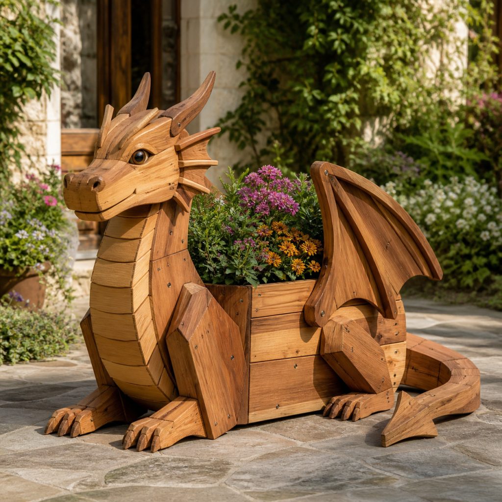 Seated Folded-Wing Dragon shown as a square photorealistic cedar garden planter filled with cottage flowers