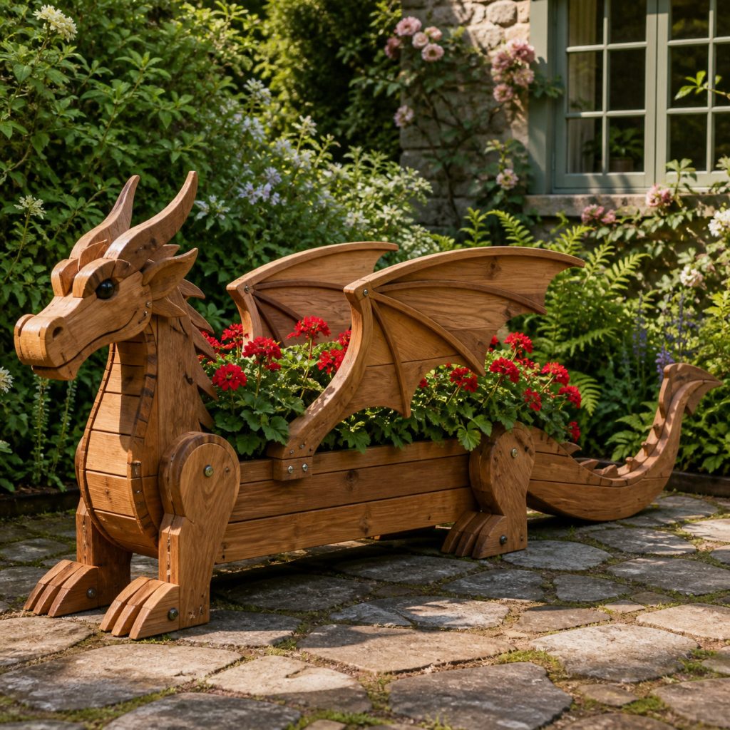 Long Low Garden Dragon shown as a square photorealistic cedar garden planter filled with cottage flowers
