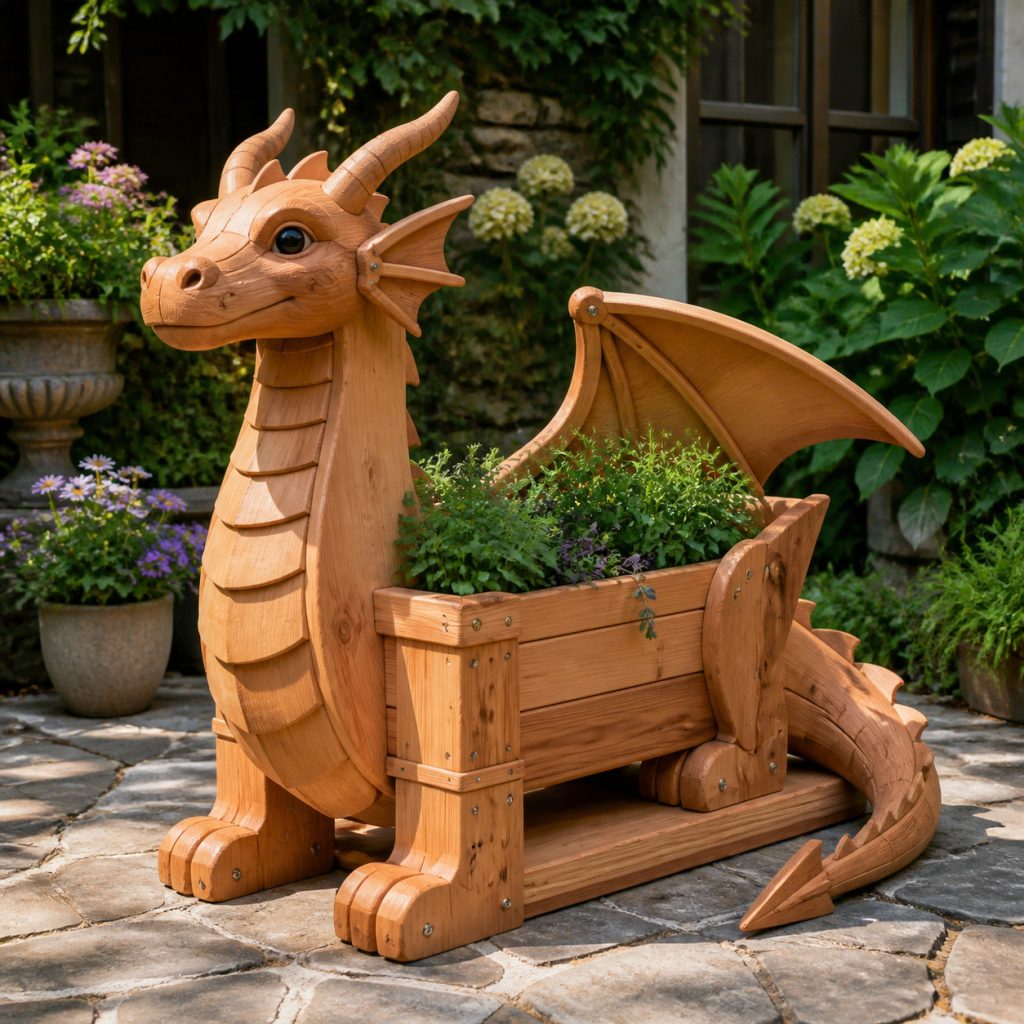 Storybook Herb-Trough Dragon shown as a square photorealistic cedar garden planter filled with cottage flowers
