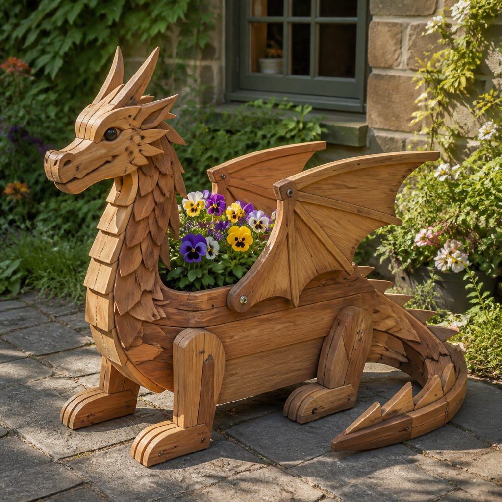 Layered-Scale Porch Dragon shown as a square photorealistic cedar garden planter filled with cottage flowers