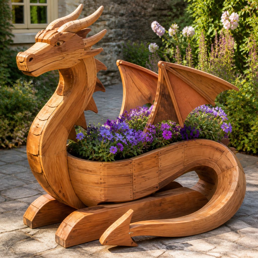 Curved S-Body Dragon Planter shown as a square photorealistic cedar garden planter filled with cottage flowers