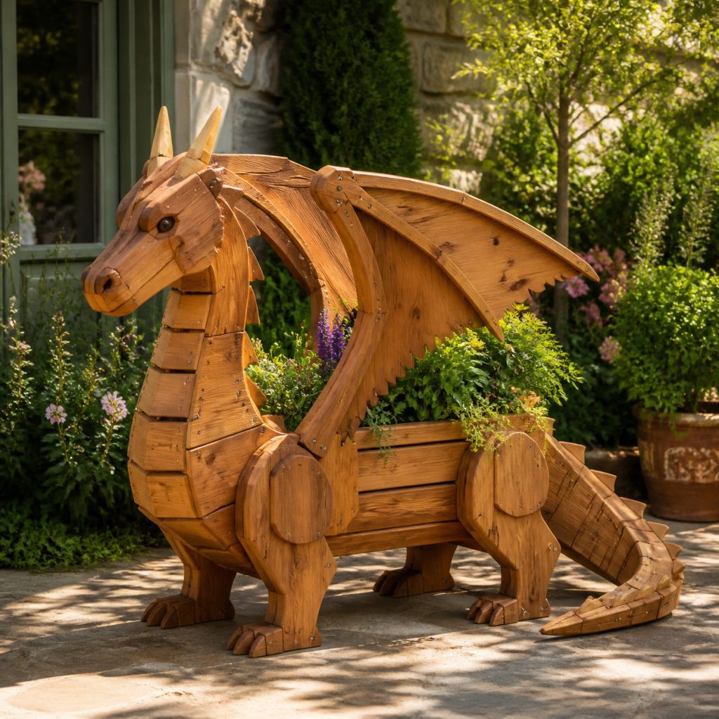 Dragon with Galvanized Tray shown as a square photorealistic cedar garden planter filled with cottage flowers