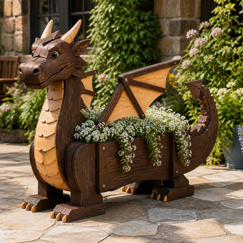 Two-Tone Cedar Dragon shown as a square photorealistic cedar garden planter filled with cottage flowers