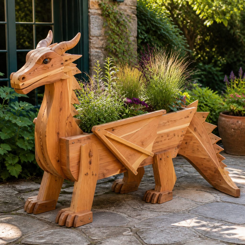 Broad-Stance Grass Dragon shown as a square photorealistic cedar garden planter filled with cottage flowers
