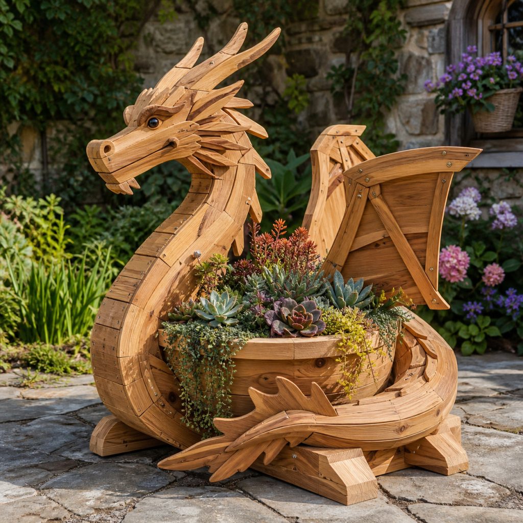 Coiled Serpentine Dragon shown as a square photorealistic cedar garden planter filled with cottage flowers