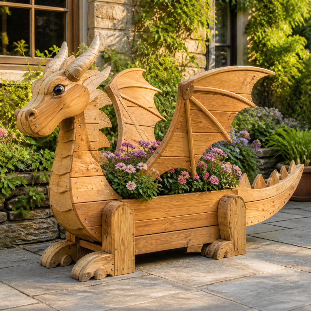 Scalloped-Wing Cottage Dragon shown as a square photorealistic cedar garden planter filled with cottage flowers