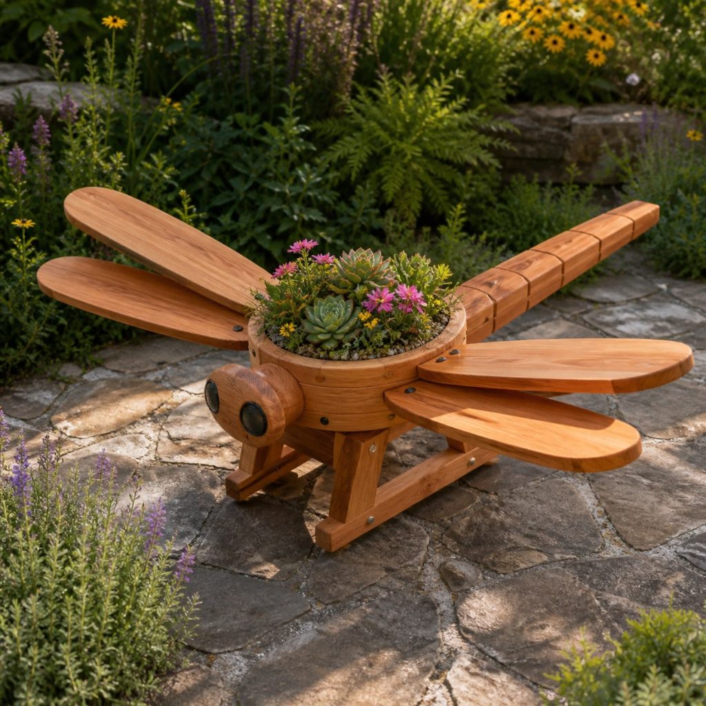 Compact Succulent Dragonfly shown as a square photorealistic cedar dragonfly-shaped garden planter filled with flowers