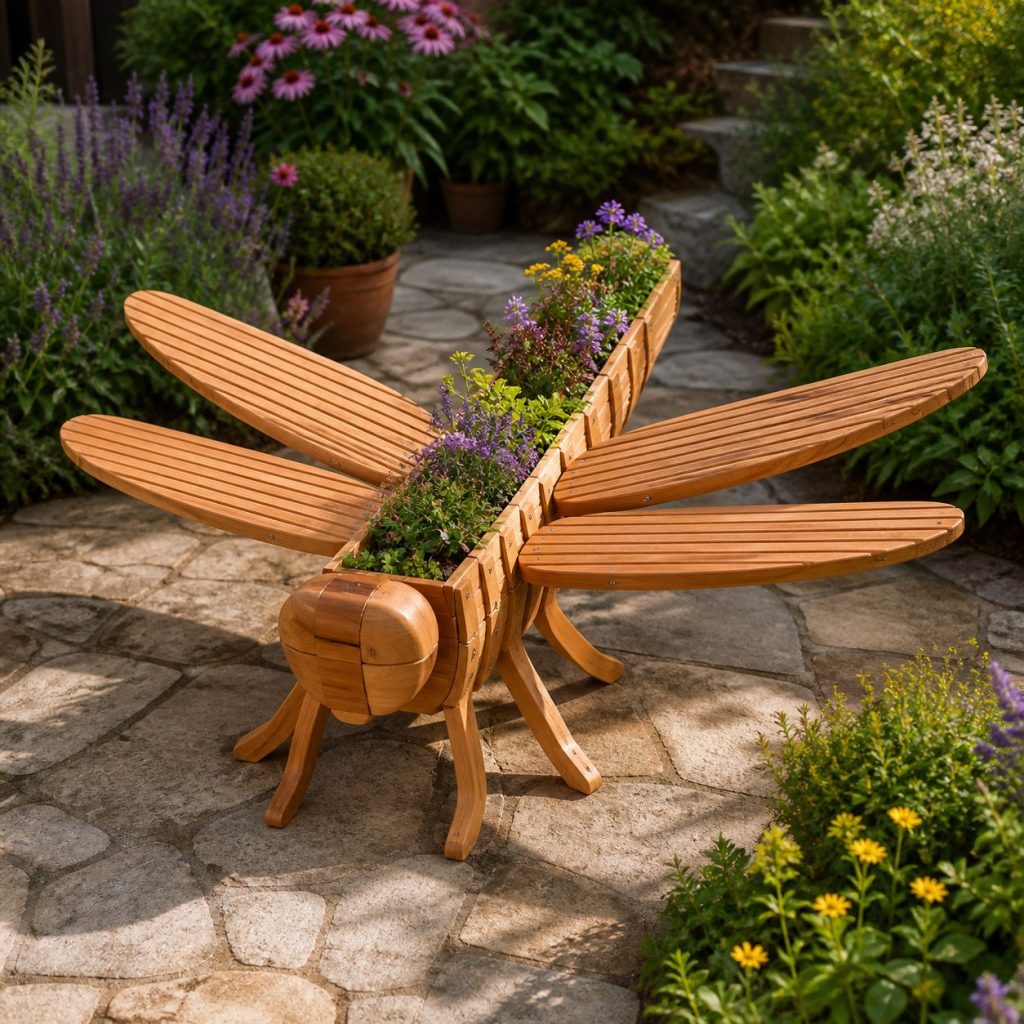 Slatted Herb-Trough Dragonfly shown as a square photorealistic cedar dragonfly-shaped garden planter filled with flowers