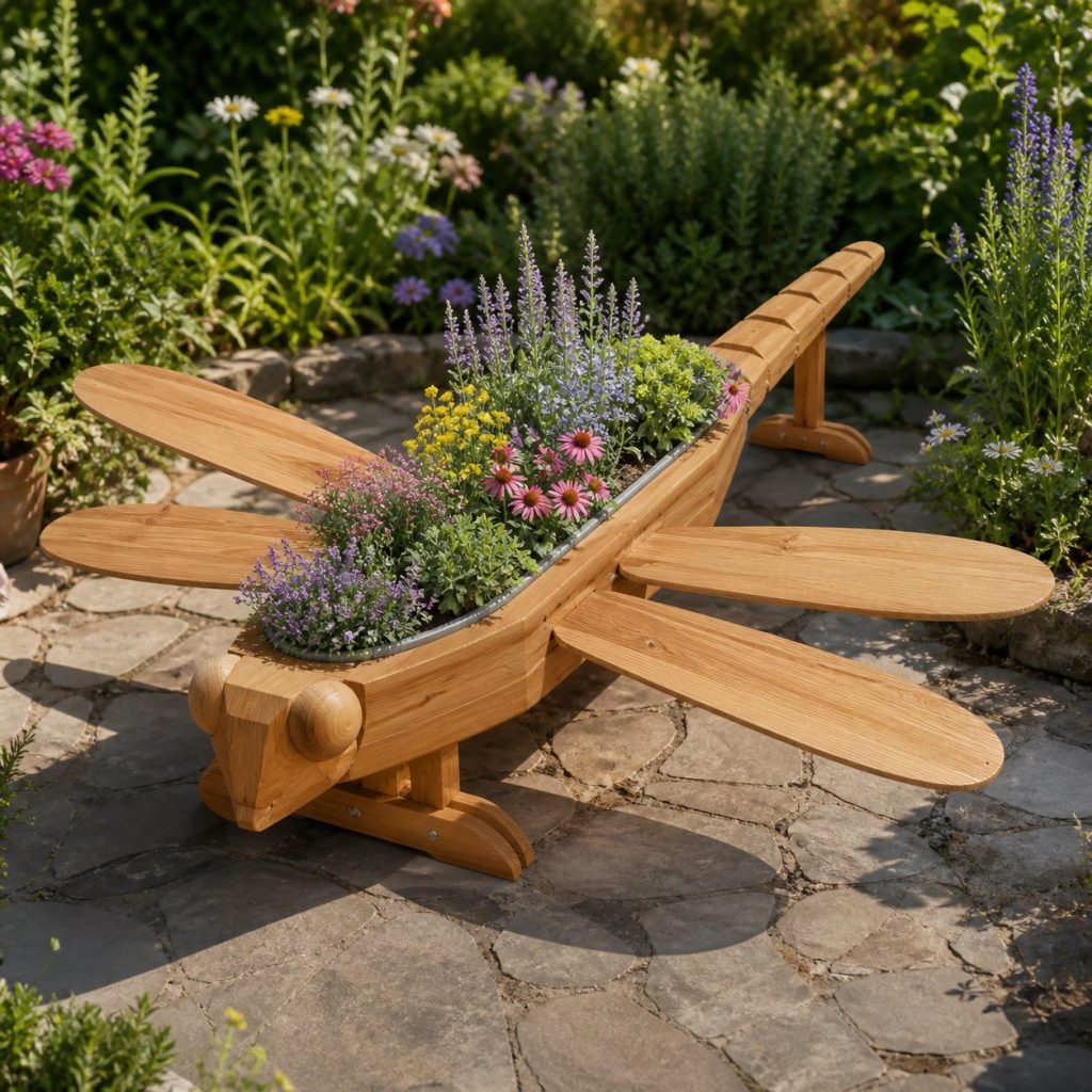 Dragonfly with Galvanized Liner shown as a square photorealistic cedar dragonfly-shaped garden planter filled with flowers