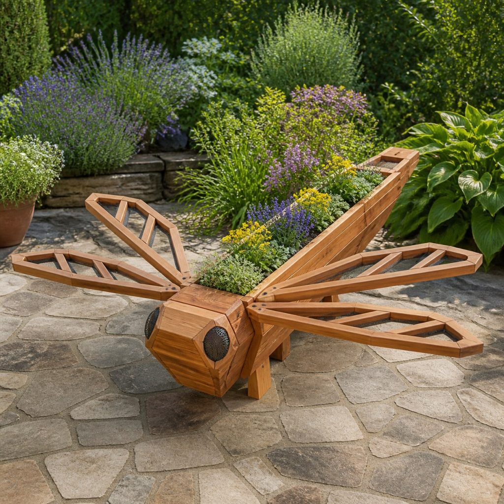 Modern Geometric Dragonfly shown as a square photorealistic cedar dragonfly-shaped garden planter filled with flowers